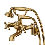 Hanallx Clawfoot Tub Faucet Wall Mount Tub Filler Brushed Gold Vintage Bathtub Faucets Brass with Telephone Shaped Handheld Shower