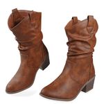 WOFANLULY Cowboy Boots,Western Cowgirl Boots for Women,Knee High Boots,Comfortable and Fashion Pull On Chunky Heel Round Toe Ruched Boots (Brown, Size 5.5)