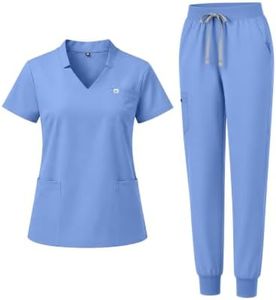 Eadflie Scrubs for Women Set- V-neck Slit Top & Tapered Jogger Pants, 8-Pocket Stretch Uniforms for Nurses & Healthcare Professionals- [Sky Blue/M]