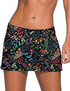 REKITA Women Swim Skirt Solid Color Waistband Skort Bikini Bottom, Multiflower, Small