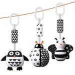 Aolso Baby Pram Pushchair Toys, 3 Pack Hanging Rattle Toys, Black and White Toy Rattle Baby Hanging Toys, High Contrast Sensory Educational Toy, Newborn Car Seat Toys for Boys Girls