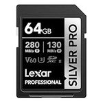 Lexar Silver Pro SD Card 64GB, UHS-II Memory Card, V60, U3, C10, SDXC Card, Up To 280MB/s Read, for Professional Photographer, Videographer, Enthusiast (LSDSIPR064G-BNNAA), Black