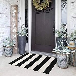 KaHouen Black and White Striped Rug (23.6 x 35.4 Inches), Indoor Outdoor Striped Doormats, Handmade Woven Farmhouse Layered Door Mats Striped Mat for Front Door/Kitchen/Laundry/Bathroom/Living Room