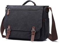 iCozzier Laptop Messenger Bag 15.6 inch Canvas Cross-Body Shoulder Bag Waterproof Leather Satchel Briefcase for School/Business/Women/Men-Charcoal Black