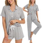 SWOMOG Womens 3pcs Pajamas Set Button Down Sleepwear Soft Short Sleeve Nightwear with Shorts Long Pant Pjs Loungewear Grey X-Large