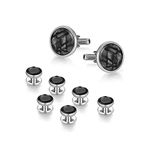 Mens Classic Shirts Cufflink Studs, Mother-of-Pearl Tuxedo Shirt Button and Cuff Links Set, Formal Business Wedding Jewelry XDS12 Silver Black