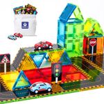 hahaland 62 Pcs Magnetic Tiles for Kids 3-5 with Road Toppers - STEM Kids Toys for 3 4 5 Year Old Boys Girls, Preschool Toys Magnetic Building Blocks STEM Toys for Kids 3-5