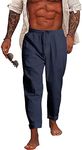 NANAMEEI Men's Cotton Linen Pants Jogging Yoga Beach Pants with Pockets Navy L