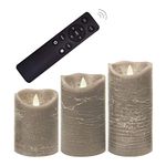 Battery Operated Flameless Candles with Remote Timer Real Wax Realistic Bright Flicker Flickering Electric Electronic LED Pillar Lights Home Wedding Party Decorations Set of 3 Rustic Texture Gray Grey