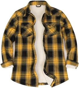 ZENTHACE Womens Flannel Sherpa Fleece Lined Jacket Button Down Long Sleeve Fuzzy Flannel Plaid Shacket Winter Coat Yellow and Black L