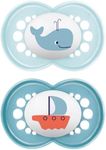 MAM Original Soother 16+ Months (Set of 2), Baby Soother Made from Sustainable and Bio-Renewable Material, SkinSoft Silicone Teat, with MAM Soother Case, Blue (Designs May Vary)