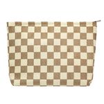 Makeup Bags for Purse Zipper Cosmetic Pouch Large Travel Canvas Make Up Organizer Tool Pouch for Women and Girls PAZIMIIK,Checkered Light Brown