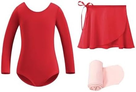 Stelle Ballet Leotards for Girls Toddler Dance Dress Outfit Combo with Skirt and Tights (Toddler/Little Kid/Big Kid)(Red-Long Sleeve,85)