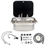 Outdoor Sink, Rv Sink Stainless Steel Hand Wash Basin Kitchen with Lid Glass Cold&Hot Faucet for RV Caravan Camper Boating Bar Spout Strainer Full set