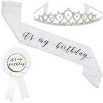 Sparkle and Bash It's My Birthday Sash, Silver Rhinestone Tiara Crown, Ribbon Badge Pin for Women (White, 3 Piece Set)