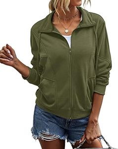 INFITTY Women's Zip Up Sweatshirt Casual Long Sleeve Lapel Drawstring Oversized Pullover Fall Clothes Army Green Size Medium