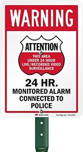 SmartSign 10" x 7" 'Warning - Area Under Surveillance, 24 HR Monitored Alarm' Yard Sign with 18 inch Stake, 40 mil Laminated Engineer Grade Reflective Aluminum, Red/Black on White, USA-Made