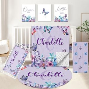 KAINSY Personalized Baby Crib Set, 5 Pcs Custom Baby Crib Bedding Set with Name, Double Layer Nursery Bedding Set for Girls, Purple Butterfly Baby Bedding Set, Gifts for Infants Toddlers New Parents