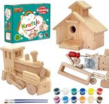 Kraftic Woodworking Building Kit for Kids and Adults, 2 Educational DIY Carpentry Construction Wood Model Kit Toy Projects for Boys and Girls - Build a Wooden Town Hall Birdhouse and Train