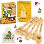 Christmas Gifts for Women Men- Kitchen Decor - 6PCS Bamboo Cooking Utensils Set Merry Christmas Gifts- Cooking Kitchen Utensils Set With Apron