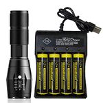 VISVIC Bright Flashlight, 4 Slot Universal Battery Charger, with 4 Rechargeable 18650 Button Top 3.7v Lithium Batteries, Smart Charger 18650, 26650, 18500, 16650 Rechargeable Batteries