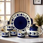 Praahi Lifestyle Tea Cup Set with Kettle & Serving Tray | Ceramic Tea Set Handpainted Blue Floral Design| 4 Cups (150ml), 1 Kettle(700ml), 1 Tray (6 Piece Set) Microwave Safe | Best for Diwali Gift