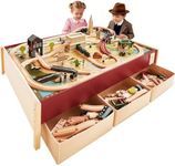 Tiny Land Large Wooden Train Table (48”x35”), 100PCS Train Set, 3 Storage Bins, Activity Playset for Kids Ages 3+