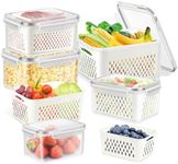 5 PCS Fruit Storage Containers for Fridge, Food Container Sets with Removable Colander, Stackable Fresh Produce Saver Keeper for Vegetable Fruit Berry Meat Fish, BPA Free Kitchen Organiser (6.2L-0.8L)