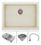 ZINZER Quartz Kitchen Sink, German Engineered Technology Single Bowl Kitchen Sink, 24 x 18 x 8 Ivory Color Granite Quartz Kitchen Sink with Sink Coupling, Hose Pipe and Drainer Basket