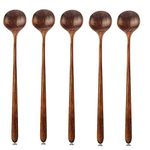 Long Spoons Wooden, 5 Pieces Korean Style 10.9 inches 100% Natural Wood Long Handle Round Spoons for Soup Cooking Mixing Stirrer Kitchen Tools Utensils(Korean Style Soup Spoon)…