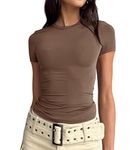 LACOZY Women Short Sleeve Tight Tee Shirt Slim Fit Round Neck Basic Solid Color Skinny Workout Going Out Tops Coffee M