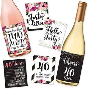 6 40th Birthday Wine Bottle Labels or Stickers Present, 1981 Bday Milestone Gifts For Her Women, Cheers to 40 Years, Funny Fortylicious Pink Black Gold Party Decorations For Friend, Wife, Girl, Mom