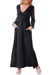 OUGES Women's Lace Long Sleeve Wrap V-Neck Maxi Dress Casual Long Dresses with Pockets(Black01,S)