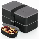 Bentoheaven Premium Bento Box Adult Lunch Box with 2 Compartments (40oz), Cutlery & Set of Chopsticks, Large Dip Container, Cute Black Japanese Bento Box, Rectangle, Microwavable (Whispering Gray)