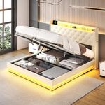 Ailisite Full Size Lift Up Storage Bed Frame with Charging Station & Led Lights, Upholstered Platform Bed with Button Tufted Wingback Storage Headboard, Hydraulic System, No Box Spring Needed, Beige