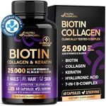 Biotin | Collagen | Keratin - Clinically Tested Supplement - Hair Growth Support - Skin & Nails Complex - 25000 mcg Vitamins B2, B3, B6 & B7 | Hyaluronic Acid - Made in USA - Women & Men | 60 Capsules