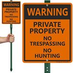 SmartSign"Warning - Private Property, No Trespassing, No Hunting" LawnBoss Sign | 10" x 12" Aluminum Sign With 3' Stake