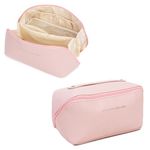 Niwlix Travel Cosmetic Makeup Pouches for Women Travel Organizer Bag Portable Pouch Open Flat Toiletry Bag Make Up Organizer with Divider and Handle (Pink)