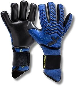 Storelli Electric Goalkeeper Gloves, High-Impact Hand Protection with 5 Removable Finger Spines, German Contact Latex, Wrist Strap, Extended Cuff, Youth & Adults, Unisex, 1 Pair, Blue Charge, Size 10