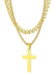 Gold Mens Cross Necklace High Polished Stainless Steel Necklace for Male with Crucifix Pendant 18 Inches Cuban Chain Necklaces for Brothers