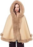LVCOMEFF Women Wool Shawl Cape with Hood with Genuine Fox Fur Trimming Collar Plus size (light camel)