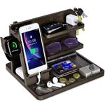 Nightstand Organizer for Men, Present for Men Nightstand Organizer Wood Phone Docking Station with Hiden Adjustable Rack, Bedside Organizer Wallet Watch Stand EDC Tray for Dad Husband Him - Dark Brown