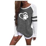 Lazzboy Women Tops Pullover Casual Raglan Long Sleeve Solid Patchwork Striped Heart Print Slim Crew O Neck Newchic Blouse Shirt (M(6),Grey-Heart Paw)