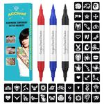 ACCloud Temporary Tattoo Markers for Skin, 3 Body Markers+ 63 Tattoo Stencils Kit for Kids and Adults, Dual-End Flexible Brush Tip, Skin Safe