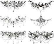 Glaryyears Chest Underboob Temporary Tattoos for Women Adult, 6 Pack Black Fake Realistic Large Long Lasting Creative Removable Tattoo Stickers, Sexy Rose Flower Tramp Stamp Sketch on Body