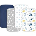 Plushii Mini Crib Sheets 4 Pack, 38"x 26" Extra Soft Microfiber Pack and Play Fitted Sheet for Mini Crib & Pack and Play Mattress, Playpen Sheet fitted for Baby Boys, Dinosaur/Elephant/Stars/Navy Blue