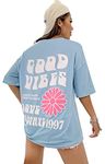 DENIMHOLIC Cotton Half Sleeve Printed Oversized t Shirts for Women, Loose t Shirts for Women, Baggy t Shirt for Women, Graphic Tshirt for Women Oversize, (Small, Light Blue)