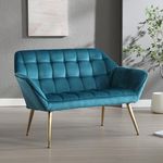 Wahson Velvet 2 Seater Sofa Modern Upholstered Couch with Golden Metal Legs, Comfortable Padded Loveseat Sofa for Living Room/Bedroom, Blue