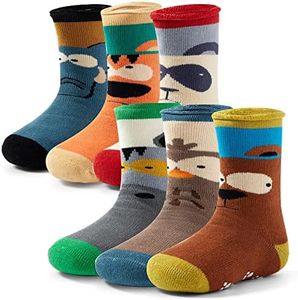 Qterdiz Toddler Winter Socks Non Slip Warm Socks with Grips for Toddler Boys Girls Fuzzy Terry Animals Mix 6 Pack 2T-3T