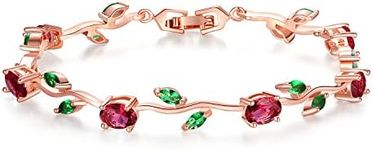 BISAER Lovely Rose Gold Plated Bracelets AAA Cubic Zirconia Ruby Flower Emerald Leaf Beautiful Vine Bracelet Women 7 inch-Ideal Tennis Bracelets